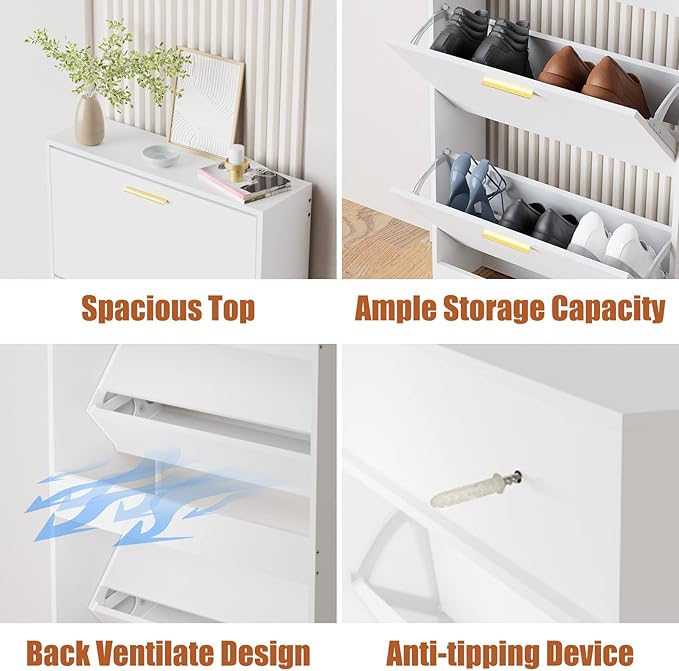 JOZZBY Shoe Cabinet Storage with 3 Flip Drawers for Entryway, White Slim Freestanding Modern Narrow Shoe Organizer Rack Cabinet for Hallway, Living Room, Set of 2-NeatNest
