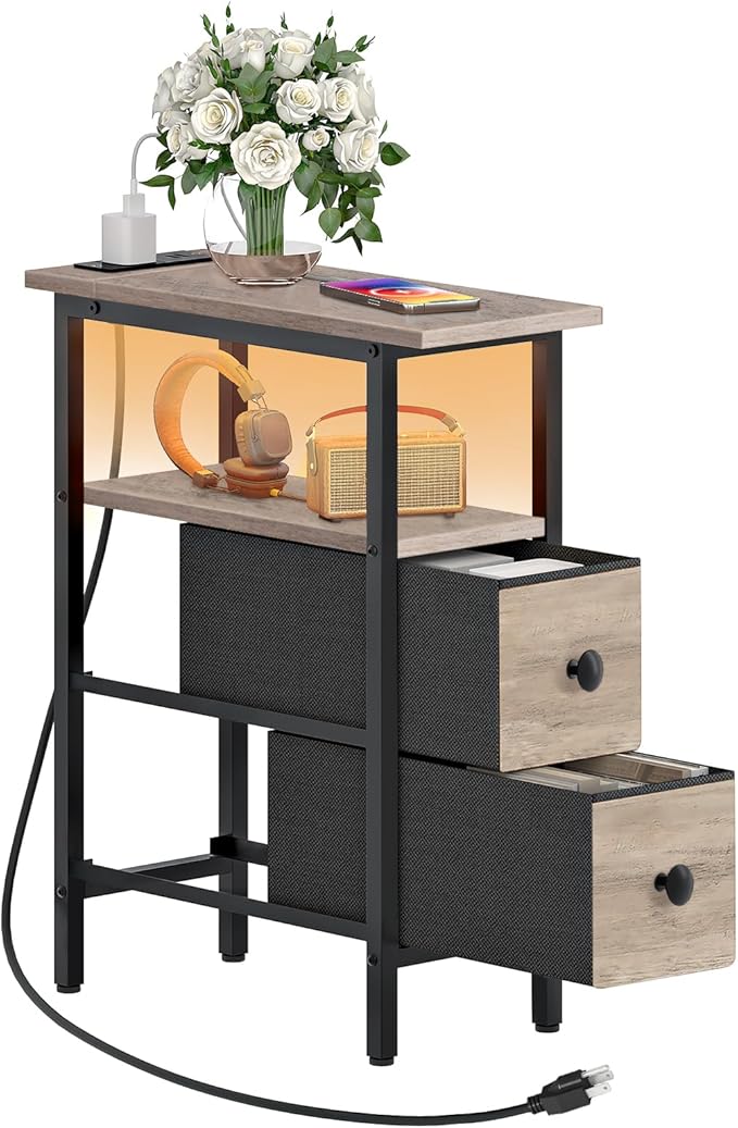 HOOBRO Narrow Side Table with LED Light and USB C Port, Night Stand with Charging Station, Skinny End Table with 2 Fabric Drawers, for Bedroom, Living Room, Greige and Black BG487UDBZ01