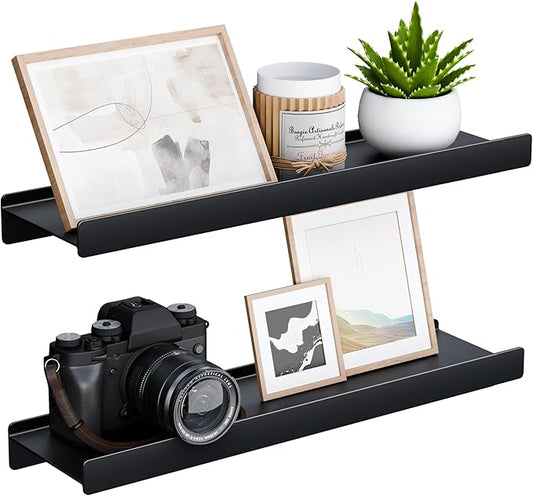 Floating Shelves for Wall, Wall Mounted Shelves with Lip for Storage, Metal Display Shelves for Home Decor, Kitchen/Living Room/Bedroom/Bathroom Shelf, Black 16 inch 2 Pack-NeatNest