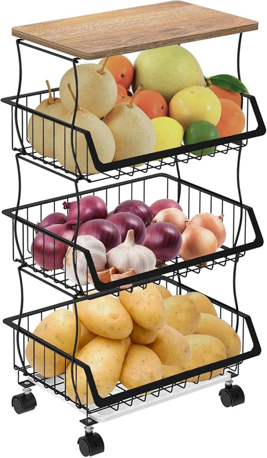 Rolling Kitchen Cart with Wood Top - 4-Tier Wire Basket Organizer for Fruits, Vegetables, Pantry Storage - Stackable, Mobile Cart with Wheels for Kitchen, Home, Office