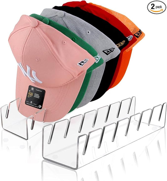Hat Stand for Baseball Caps, 2 Pack No Install Acrylic Hat Organizer for 14 Baseball Caps Storage Organizer, Hat Racks Hat Holder Display and Organization for Closet, Bedroom, Dresser (Clear-2Pack)-NeatNest