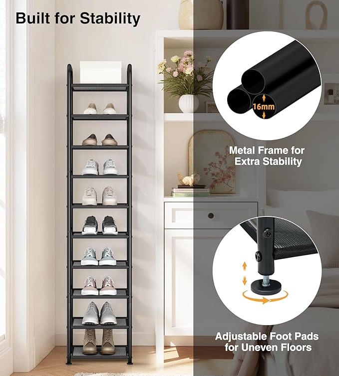 STO STO 10-Tier Narrow Shoe Rack with Sturdy Mesh Shelves, Slim Tall Metal Shoe Organizer for Entryway, Closet, Hallway, Holds 10 Pairs, Vertical Free Standing Shoe Storage Shelf, Black-NeatNest