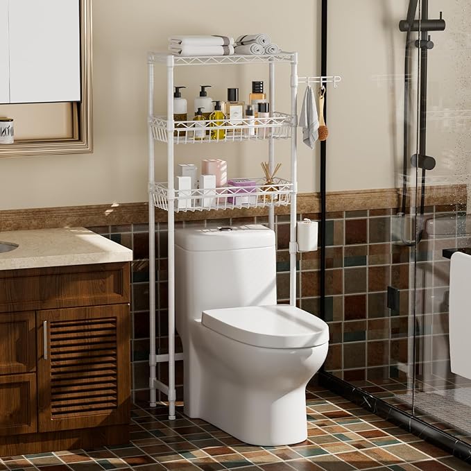 3-Tier Over-The-Toilet Storage Shelf,Heavy-Duty Adjustable Bathroom Rack with 2 Mesh Baskets,Toilet Paper Holder & Hooks,Space-Saving Organizer for Bathroom,10”D x 24”W x 66”H,White