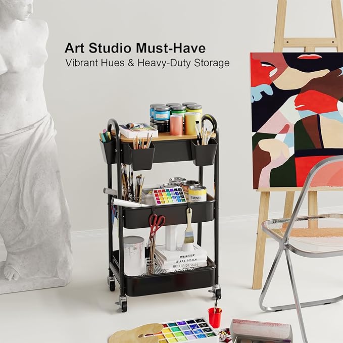 3 Tier Metal Rolling Cart with Wheels and Wooden Table Top, Three Tiered Craft Cart Organizer on Wheels, Black Storage Utility Carts for Art, Diaper Caddy, Baby Nursery, Office, Laundry, Snack, Book