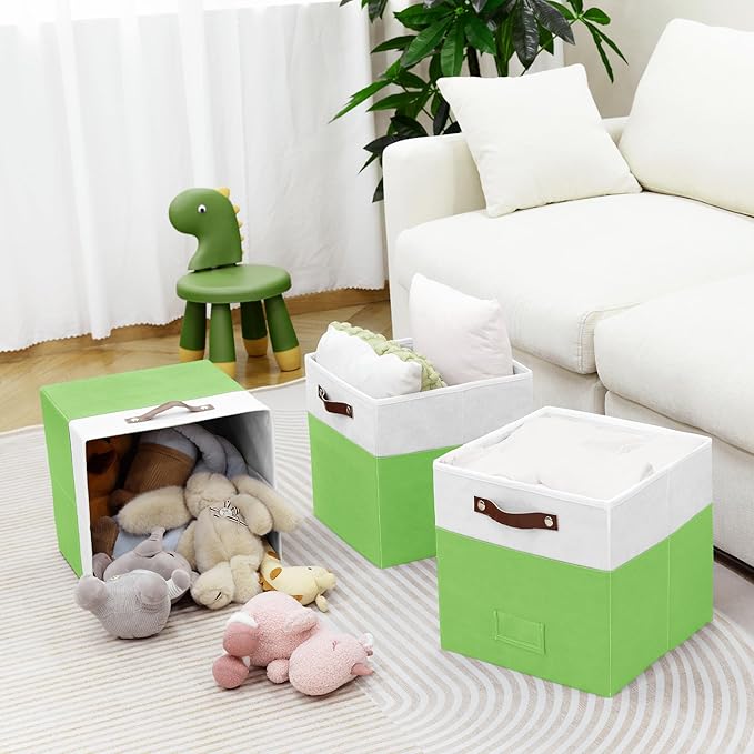 6-Pack Collapsible Fabric Storage Cubes with Handles & Label Holders, Closet Cube Home Organizer Bins (White/Light Green, 13 x 13 x 13 inch)