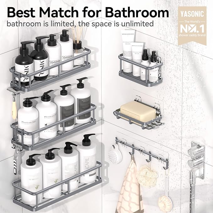 YASONIC Shower Caddy, 6 Pack Large Capacity shower Organizer with Soap Holder and 12 Hooks, Rustproof Shower Shelves for Inside Shower, No Drilling&Sleek Bathroom Organizers and Storage Grey-NeatNest