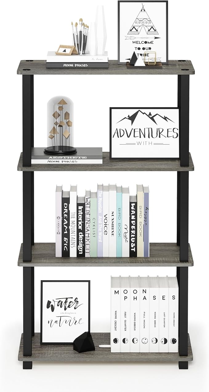 Furinno Turn-N-Tube 4-Tier Multipurpose Shelf Display Rack, Square Tube, French Oak Grey/Black-NeatNest
