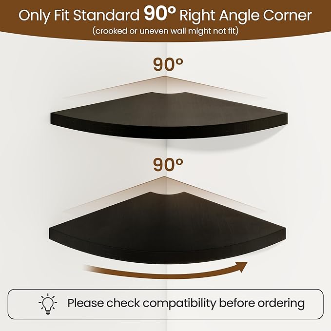 Fun Memories Corner Shelf Wall Mount Set of 2 - Solid Oak Wood Floating Corner Shelf with Cable Hole, 8.5in Rustic Design for Bedroom, Living Room, Kitchen (Black)-NeatNest