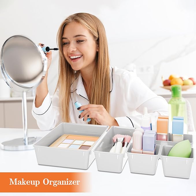 25 PCS Plastic Drawer Organizer Set, 4-Size Versatile Organizer Trays & storage Bins for Makeup, Jewelry, and Gadgets in Bathroom, Bedroom and Office, White-NeatNest