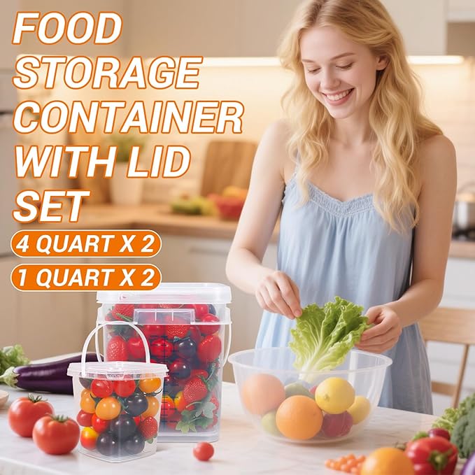 1Gal Clear Square Bucket with Airtight Lids, BPA-Free Food Storage Container for Kitchen Pantry, Meal Prep, Snack, Rice, Flour, Pet Food - Transparent Bucket with Scale Marks (2x4 Qt, 2x1 Qt)