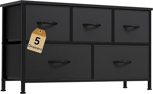 DWVO Dresser with 5 Drawers - Fabric Storage Tower, Organizer Unit for Bedroom, Living Room, Closets - Sturdy Steel Frame, Wooden Top (Black)-NeatNest