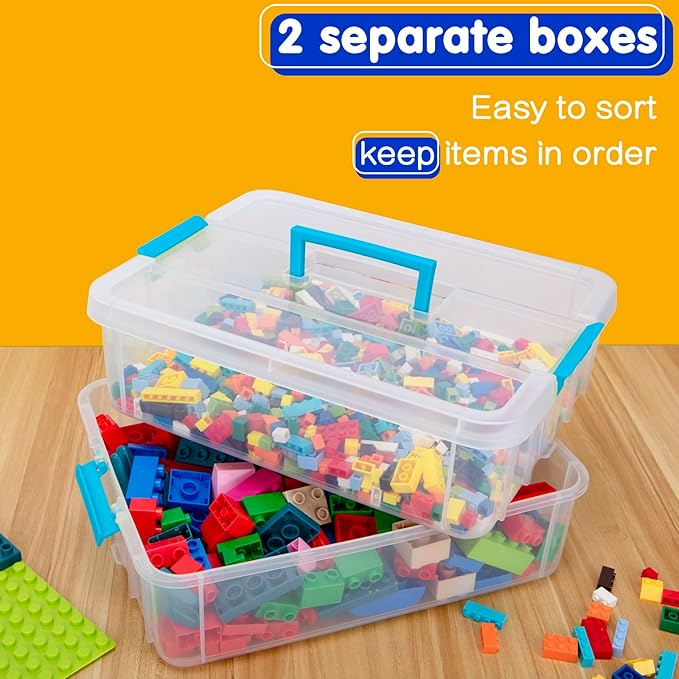 2 Layer Plastic Storage Containers with Lids, Multipurpose Clear Stack & Carry Box, Portable Craft Organizers and Storage Bin for Organizing Art & Craft, Sewing, Makeup, Nail Supplies (Blue)