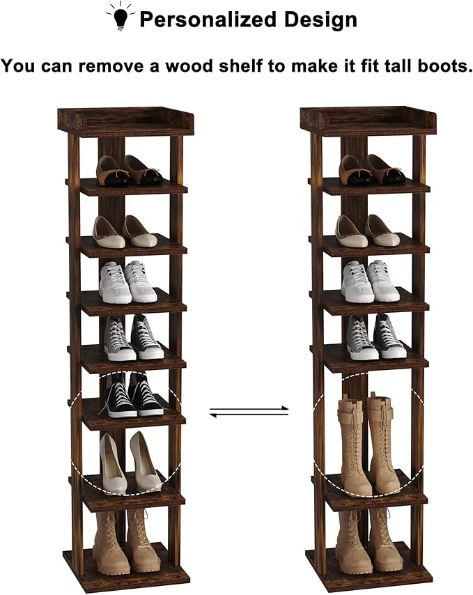 HOMEFORT 7-Tier Wood Shoe Rack, Entryway Shoe Tower,Vertical Shoe Organizer, Wooden Shoe Storage Stand, Rustic Brown-NeatNest