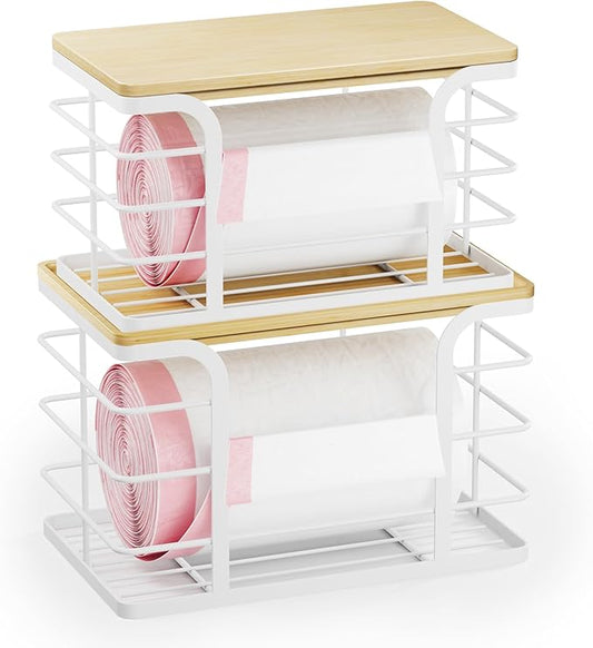 2 Pack Stackable Storage Kitchen Laundry Pantry Organizers,Trash Bag Holder Wall Mount,Garbage Bag Dispenser with Bamboo Top,White Large and Small-NeatNest