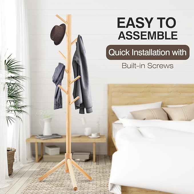 Coat Rack, Freestanding Coat Rack with 8 Hooks and 3 Adjustable Size Tree Coat Racks for Bedroom, Hallway, Entrance, Office, for Hats, Coats, Scarves, Handbags-NeatNest