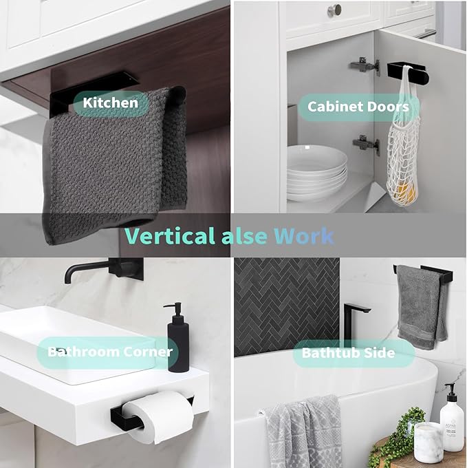 Hand Towel Holder, Self Adhesive Black Towel Ring, SUS 304 Stainless Steel Brushed Towel Racks, Towel Bar for Bathroom Wall, Kitchen, 2 Packs