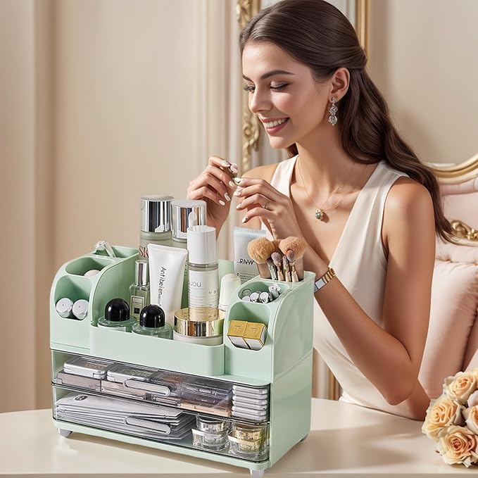 Makeup Organizer with 2 Drawers, Cosmetic Display Case, Storage Holder for Vanity, Bathroom Counter, Desk, Beauty Supplies (Green)