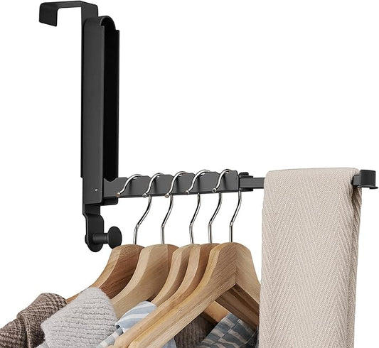Clothes Drying Rack Foldable Fit Door up to 1 3/8" Optimal 1pc,Over The Door Hanger with Retractable Rod,Over The Door Hanger Hooks for Laundry Bathroom Bedroom Travel Hangers(Black, 1 Pack)