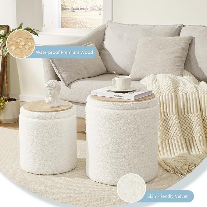 Boucle Round Ottoman with Storage Set of 2,Small Foot Stool Ottoman for Living Room, Small Coffee Table,Vanity Stool with Storage for Bedroom, White-NeatNest