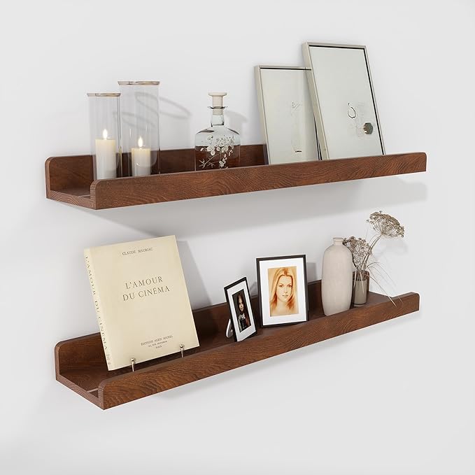 Floating Shelves for Wall | Picture Ledge Shelf Set of 2 | 24 Inch Solid Ash Wood Floating Shelves with Lip | Dark Wood Picture Shelf for Wall with Ledge | Photo Ledge Shelves-NeatNest