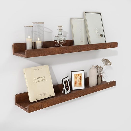 Floating Shelves for Wall | Picture Ledge Shelf Set of 2 | 24 Inch Solid Ash Wood Floating Shelves with Lip | Dark Wood Picture Shelf for Wall with Ledge | Photo Ledge Shelves-NeatNest