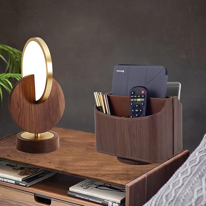 Brown 360 Degree Swiveling TV Remote Control Holder/Caddy, Leather Desk Organizer for Office and Home Furniture Decoration Storage Box(Dark wood grain)-NeatNest