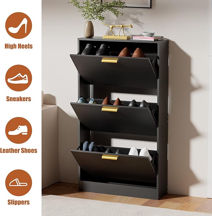 JOZZBY Shoe Cabinet Storage with 3 Flip Drawers for Entryway, Black Slim Freestanding Modern Narrow Shoe Organizer Rack Cabinet for Hallway, Living Room, Set of 2-NeatNest