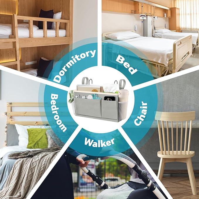 BlissTotes Bedside Caddy, Bedside Storage Organizer for Bunk Bed Accessories, Dorm Storage for Bedside Shelf and Bunk Bed Shelf, Bed Caddy for Home, Dorm, Bunk (Light Gray, 1 Pack)-NeatNest