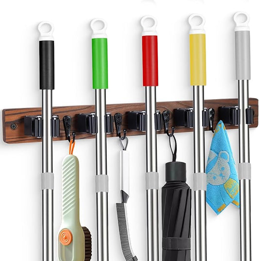Broom Holder Wall Mount With 5 Slots & 4 Hooks，Rustic Wood Broom & Mop Hanger，Wall Mounted Garden & Garage Tool Storage Organizer Rack for Closet Laundry Room or Kitchen Wall Decor-NeatNest