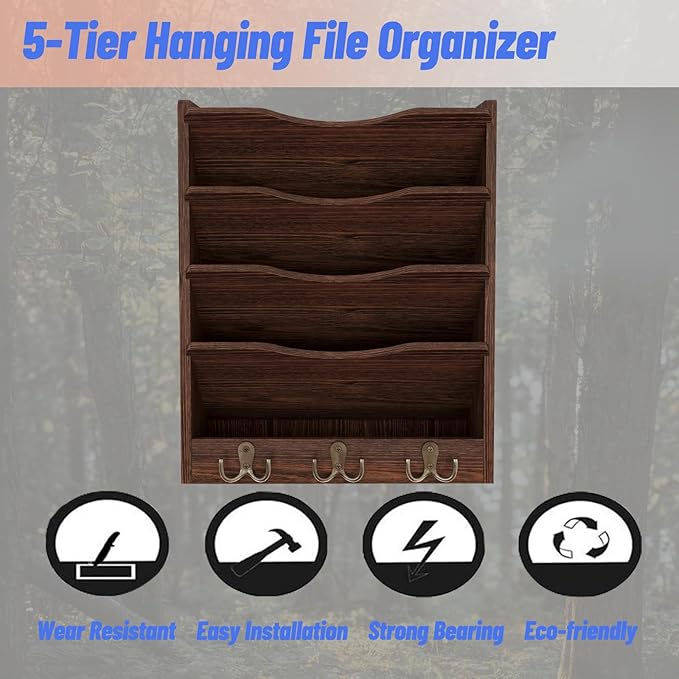 5 Tier Hanging Wall File Holders Letter Size Wall File Organizer Wood Mail Organizer with 6 Hooks, Brown