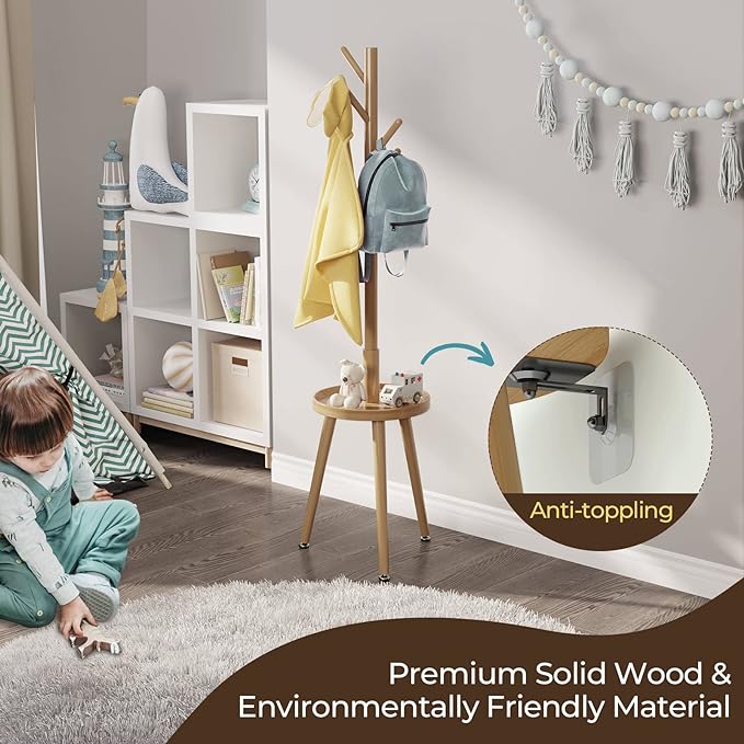 GREENSTELL Coat Rack with 8 Hooks, Wooden Coat Rack Freestanding with Shelf, Coat Tree with 4 Height Options 50.5"-72.6", Coat Hanger Stand for Bags, Clothes, Umbrellas, Hats, in Home, Natural-NeatNest