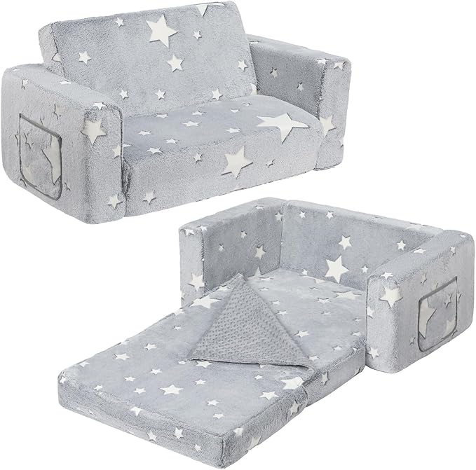 ALIMORDEN Fold Out Toddler Couch, Extra Wide Comfy 2-in-1 Cuddly Sherpa Sofa for Kids, with Removable Baby Friendly Blanket, Convertible Sofa to Bed, Star-NeatNest