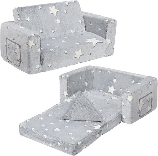 ALIMORDEN Fold Out Toddler Couch, Extra Wide Comfy 2-in-1 Cuddly Sherpa Sofa for Kids, with Removable Baby Friendly Blanket, Convertible Sofa to Bed, Star-NeatNest