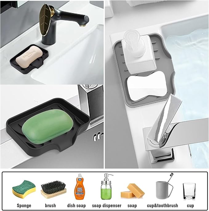 3PCS Draining Soap Dishes, Dishwashing Sponge Holder with Water Tray, Keep The Place Dry, Easy to Clean Cases, Suitable for Kitchen, Bathroom, Soap Container (Type1Black+Grey+White)-NeatNest