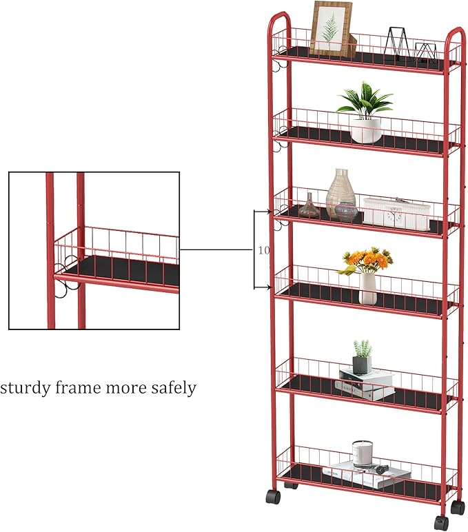 6-Tier Storage Cart Wire Slim Shelving Shelf with Wheels for Small Spaces, Rolling Tall Organizer Storage for Bathroom, Kitchen, Home, Garage, Bedroom, Closet (Red, 6" D)