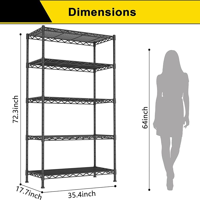 GIOTORENT 5-Wire Garage Shelving Storage Shelves, Kitchen Storage Adjustable Shelf, Metal Shelves 1600Lbs Capacity 36 Lx18 Wx72.2 H for Laundry Bathroom Pantry Closet, Black