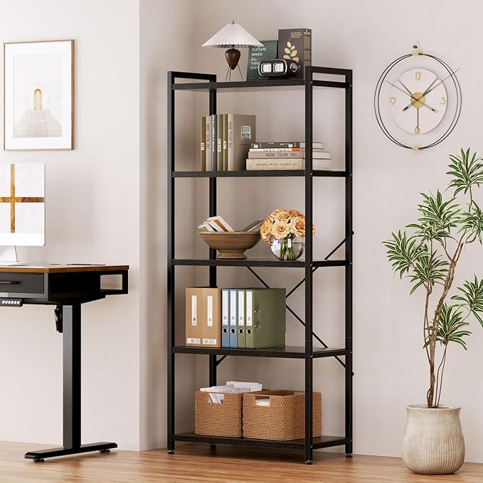Casaottima Book Shelf, 5 Tier Bookshelf, Modern Wood Bookcase Shelves for Bedroom, Industrial Display Shelf for Living Room Home Office Kitchen, Standing Shelving Unit Storage Organizer, Black-NeatNest