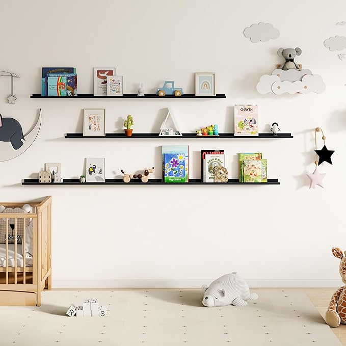 Floating Picture Ledge Shelves for Wall Set of 2, 55 Inches Picture Shelf with Ledge, Nursery Book Shelf for Toys Storage Kids Bookshelf Wall Mounted Living Room Bedroom Decor Frames, Black-NeatNest