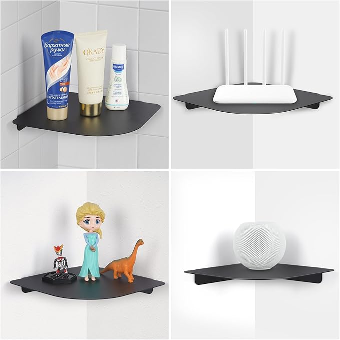 8" Floating Corner Shelf, Metal Corner Shelf Wall Mount for Wall Storage, for Smart Home, Speakers, Internet Router, Security Camera - for Bathroom, Kitchen, Bedroom, and Living Room (Black)-NeatNest