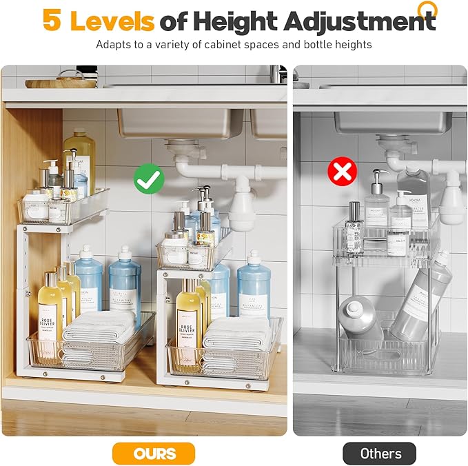 2 Pack Under Sink Organizer, 2-Tier Pull Out Cabinet Organizer, Elegant Acrylic Under Sink Storage Shelf for Kitchen Bathroom Cabinet, L-Shaped Adjustable Height for Maximum Space Efficiency-White-NeatNest