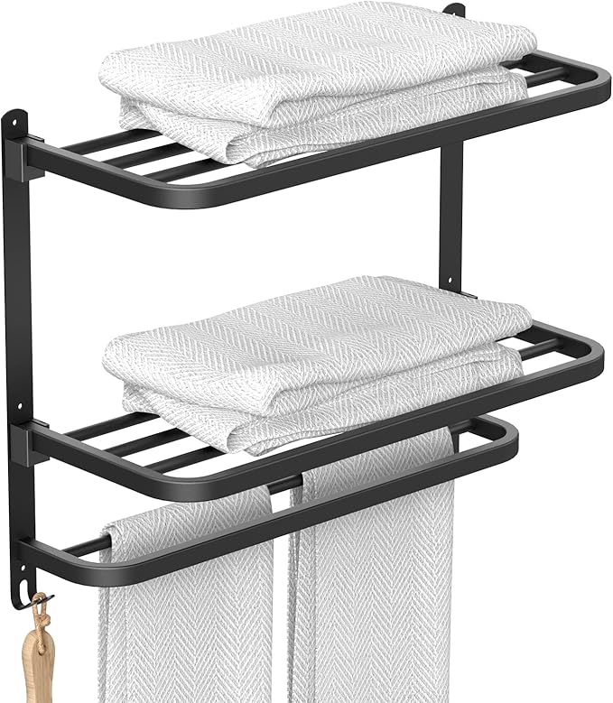 22.8Inch Towel Rack for Bathroom and Lavatory Towel Hanger with Wall Mount Towel Bars 304 Stainless Steel No Drill (Collapsible Black Towel Rack)