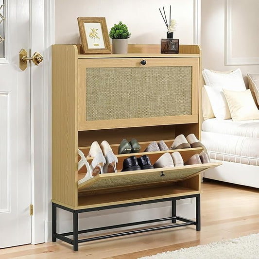 CAPHAUS Shoe Storage Cabinet w/Rattan Flip Drawers, Slim Thin Freestanding Entryway Shoes Organizer w/Adjustable & Removable Shelves, Modern Narrow Shoe Rack w/Metal Legs, Natural Oak