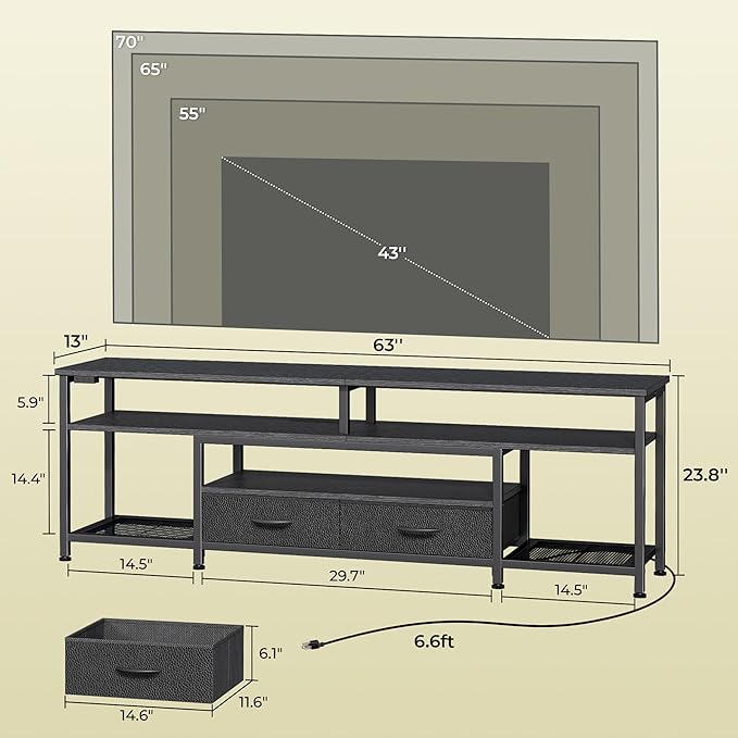 Huuger TV Stand for 65 70 Inch TV, Entertainment Center with Power Outlets and LED Lights, TV Console for Living Room, Media Console with Drawers and Shelves, Black-NeatNest