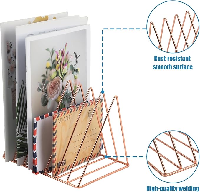 COSYAWN Triangle 7 Slot Vinyl Record Holder, Anti-Rust Metal Magazine Album Display Rack Desktop File Sorter Organizer, Paper Letter Newspaper Storage for Home Office, Rose Gold 2 PACK