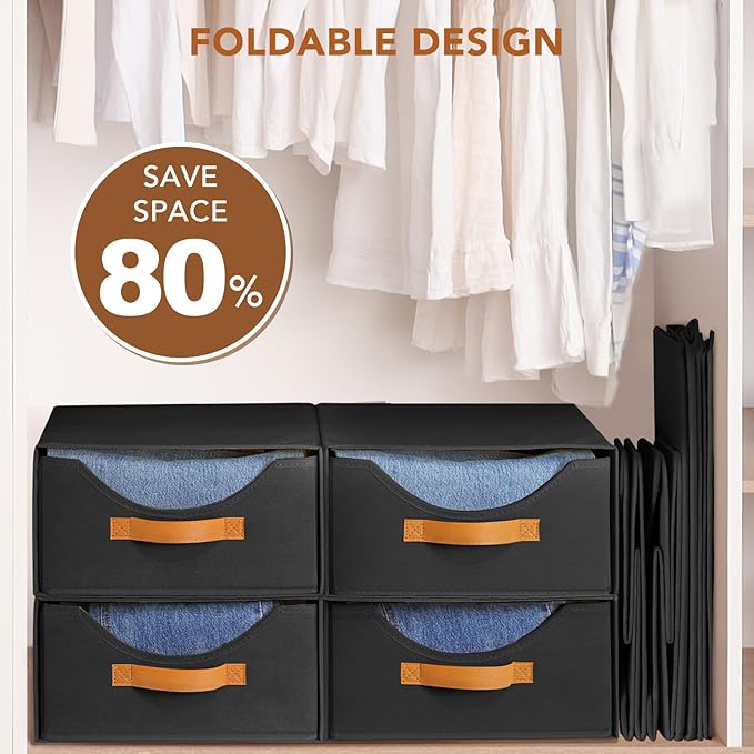4 Pcs Closet Drawers and Large Size Clothes Storage Bins Push-Out Storage Stackable Shelf Drawers with See-Through Window Closet Organizers for Bedroom, Living Room, Under Bed, Black-NeatNest