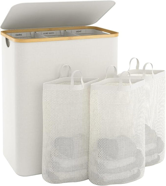 Laundry Basket with Lid, 145L Extra Large Laundry Hamper 3 Section Dirty Clothes Hampers for Laundry with Removable Laundry Bags, Laundry Sorter for Bedroom, Laundry Room, Beige-NeatNest