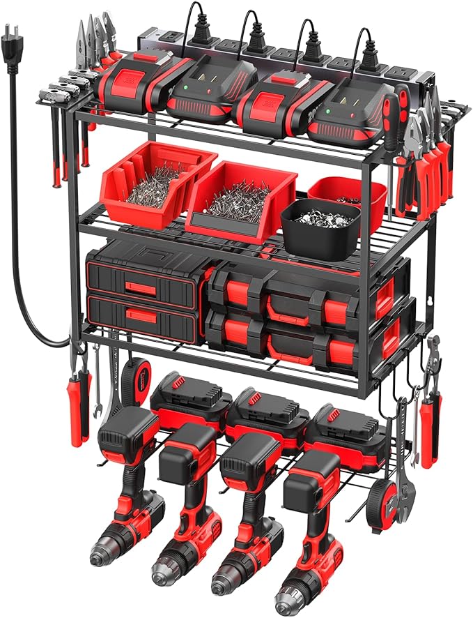 JUNNUJ Tool Organizer with Charging Station, 4 Layers Wall Mount Garage Tools Storage with 8 Outlets Power Strip, 4 Drills Holder Battery Heavy Duty Metal Shelf, Utility Rack with Hooks, Black