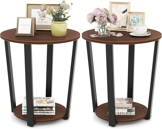 Giantex Round End Table Set of 2, 2-Tier Side Sofa Table with Open Storage Shelf and Metal Frame, Industrial Nightstand Bedside Table for Living Room, Bedroom, Small Space, Accent Furniture, Walnut
