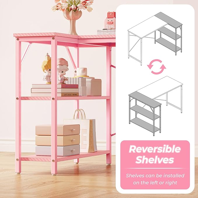Huuger L Shaped Desk, 47 Inches Computer Desk with Reversible Storage Shelves, Gaming Desk, Corner Desk Home Office Desks, Writing Study Desk with Metal Frame, Pink-NeatNest