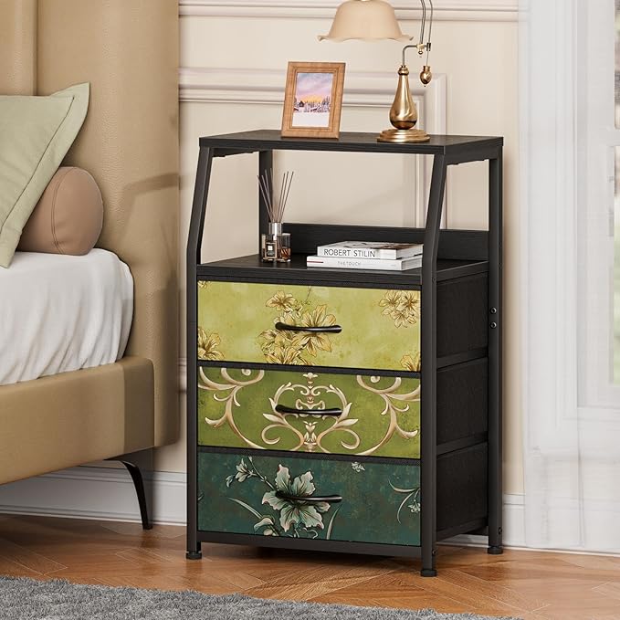 Furnulem Retro Night Stand with 3 Drawers and 2-Tier Shelf, Small Nightstand Side Table, Vintage Storage Dresser for Bedroom, Fabric Drawer Organizer for Closet, Beside Furniture-NeatNest